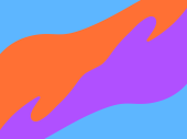 Illustratie van 2 armen die over elkaar schuiven in oranje en paars met blauwe achtergrond