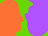 Illustratie van 2 hoofden tegenover elkaar in groen, paars en oranje