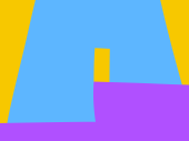 Illustratie van een A op blokken in paars, geel en blauw