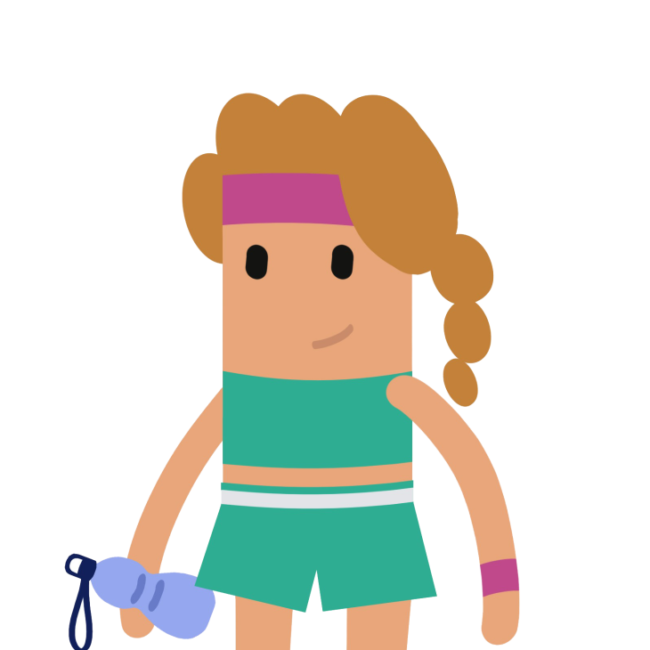Een illustratie van een vrouw in een sportoutfit, met een waterfles in haar rechterhand en een zweetbandje om haar hoofd en linkerpols.