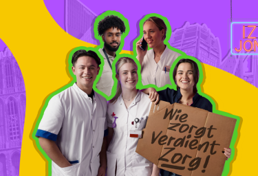 5 jonge zorgmedewerkers met groene omlijsting. Gebouwen op paarse achtergrond. Bord met tekst: Wie zorgt, verdient zorg!